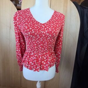 Japna Peplum Top Womens M Red Floral Romantic Smocked V-Neck Long Sleeve Blouse